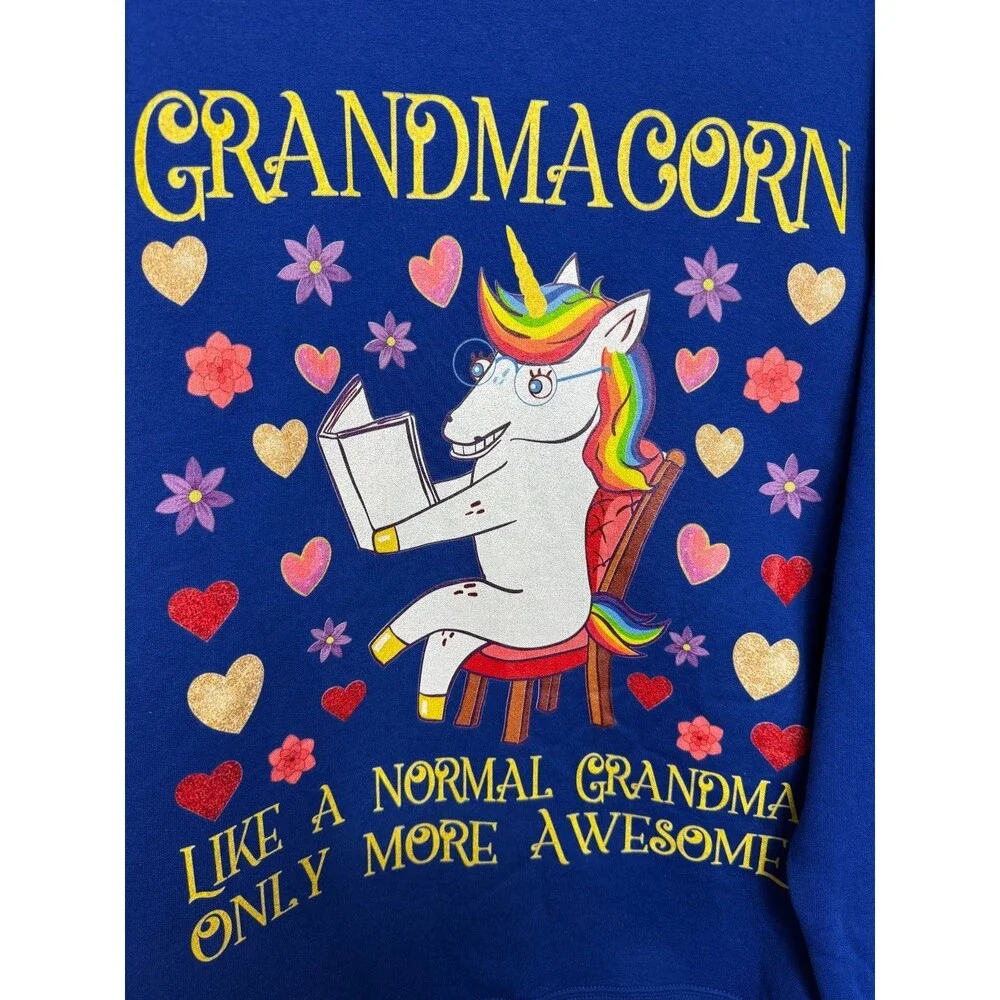 Port & Company Medium Grandmacorn Unicorn Sweatshirt Blue Crewneck Long Sleeve